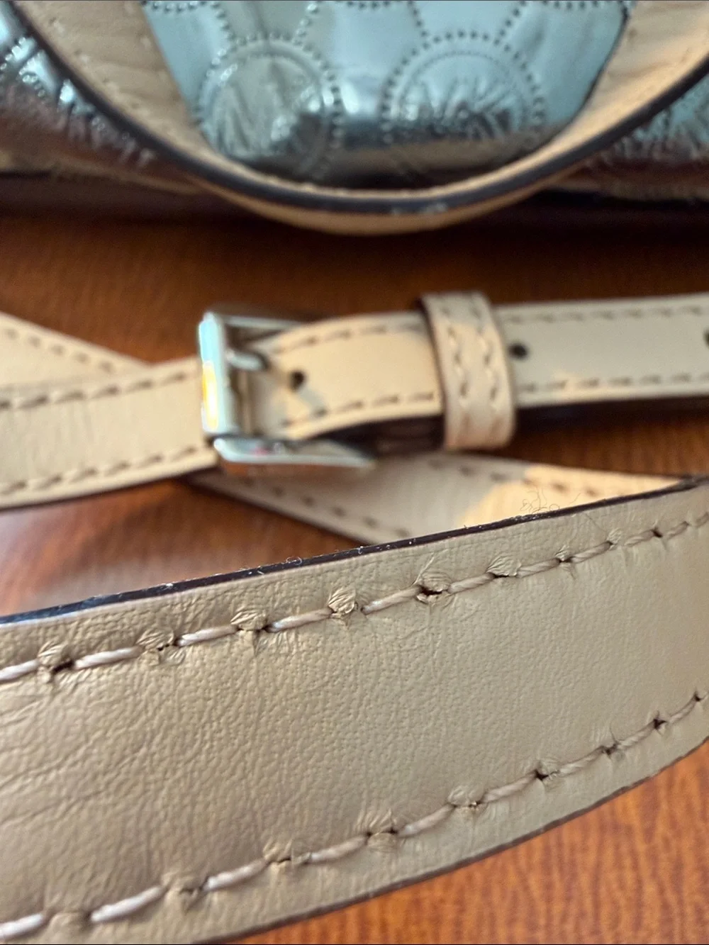Michael Kors Metallic Silver Satchel with Cream Handles